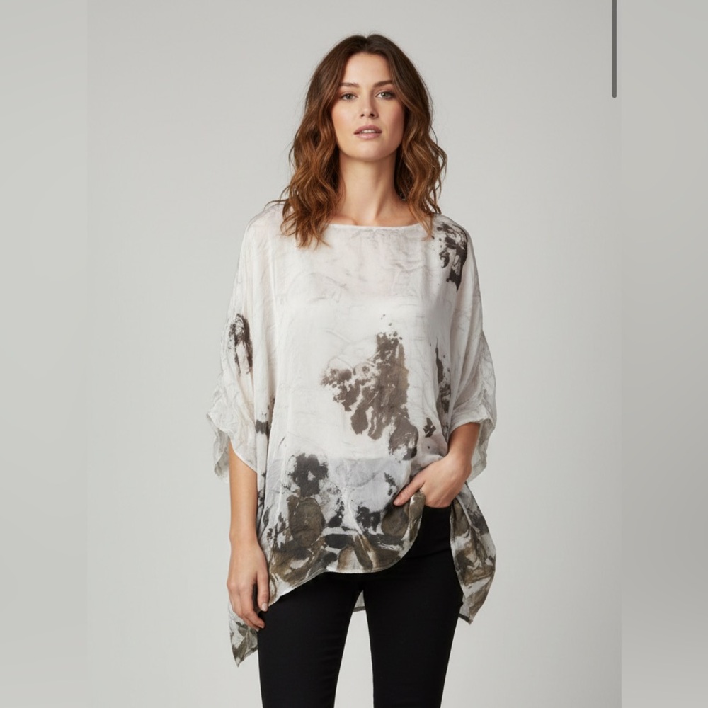Meo Meli Silk Blend Made in Italy Blouse White/Tan Floral Size Small
